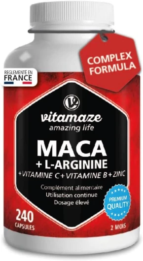 Maca à Haute Dosage 4000 mg Poudre + L-Arginine 450mg + Vitamines + Zinc, 240 Gélules pour 2 Mois, Racine de Maca Péruvienne des Andes, Qualité Allemande, sans Additifs Vitamaze® Maca COMPLEX