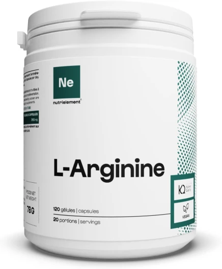 L-Arginine Extra-Pure japonais BioKyowa • Pre workout • Sans OGM • Pour la congestion, la force, et l'endurance - Nutrielement by Nutrimuscle - 120 Gélules