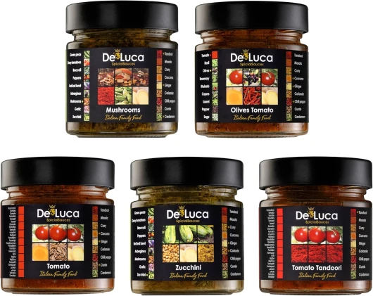 De Luca Family Food – 5 sauces Made in Italy, épicées et prêtes à l'emploi pour vous - Tomato 220gr, Tomato Tandoori 220gr, Olives Tomato 220gr, Zucchini 210gr, Mushrooms 210gr.