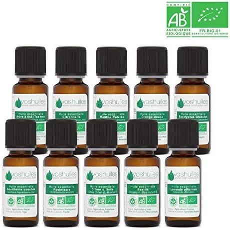 Kit Indispensables Bio 10 Huiles Essentielles - 100% Pure et Naturelle - HEBBD, Ecocert - Tee Trea, Citronnelle, Eucalyptus Globulus, Lavande, Ravintsara, Basilic, etc - 10x10 ml Parfums - VOSHUILES Variable 1 ml (Lot de 10)