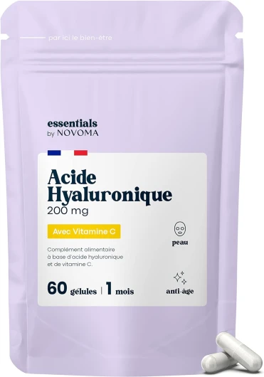 Acide Hyaluronique Pur, 60 Gélules Vegan, Action Anti-Âge + Anti-Rides, 800-900 kDa, Cure de 1 mois, Hydratation de la Peau, Avec Vitamine C, Fabriqué en France, Essentials by NOVOMA Essentials By Novoma - 60 Gélules