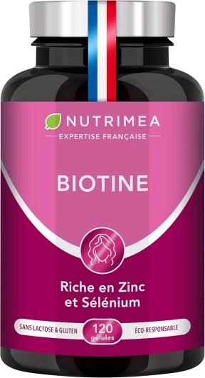 BIOTINE - Sans Excipient - Accélère la Pousse des Cheveux & Ongles - Avec Vitamine B8, Pépins de Courge, Zinc et Sélénium - 120 Gélules Vegan - Fabrication Française - Nutrimea