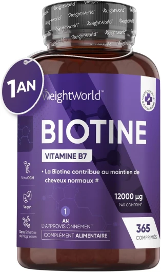 Biotine Cheveux 12 000 mcg Pure - 365 Comprimés Vegan - Cheveux, Barbe & Peau - Vitamine B7/B8 - Dosage Élevé, Sans Stéarate de Magnésium et Sans Excipient - Beauté Intérieure et Extérieure