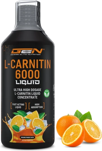 L-Carnitine 6000 Liquid - 1000 ml - Extra fortement dosé avec 6000 mg de L-carnitine pure par portion journalière - Amino Workout Drink - Goût délicieux (Orange Power) - Vegan