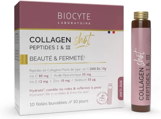 BIOCYTE Collagen Shot - Hydrate, Comble les Rides, Raffermit la Peau - Complément Alimentaire Collagène Marin, Acide Hyaluronique, Vitamine C et E, Zinc - 1 fiole par jour - Programme 10 jours