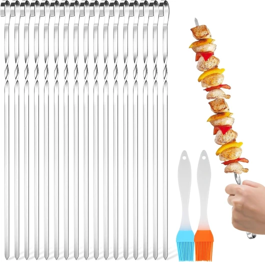 24 Pièces Brochettes pour Barbecue, 30cm Brochettes à Viande en Acier Inoxydable Pique à Brochette avec 2 Pinceaux à Huile, Brochette Réutilisables pour Barbecue, Viande, Légumes (A)