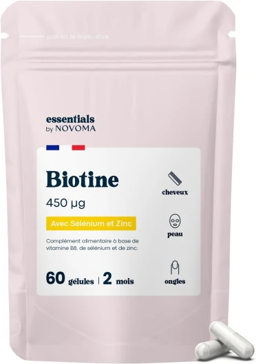 Biotine avec Sélénium et Zinc, Accélère la Pousse des Cheveux, Cure de 2 mois, 60 Gélules Végétales, Complément Alimentaire de Vitamine B8, Fabriqué en France, Essentials by Novoma Essentials By Novoma - 60 Gélules