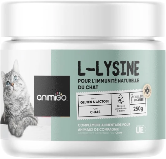 L-Lysine pour Chat en Poudre 250g, Acide aminé Pur - Lysine Chat Coryza Système Immunitaire, Bien-Être Respiratoire, Yeux & Allergie, Poudre Lysine Chat à Saupoudrer ou Dissoudre - Cuillère Incluse