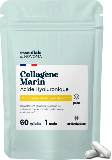 Collagène Marin + Acide Hyaluronique, Peau Hydratée et Articulations Fortes, Cure de 1 mois, 60 Gélules, Hydrolysé Type 1 Naticol®, Et Vitamine C, Made in France, Essentials by Novoma 60 unité (Lot de 1)