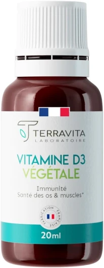 Vitamine D3 Végétale D3V® - 2000 UI - Flacon de 20 ml - 8 Mois de Cure - Haute Absorption - Santé des Os & Immunité - Enfants et Adultes - Huile de Coco TCM - Vegan et Made in France - Terravita