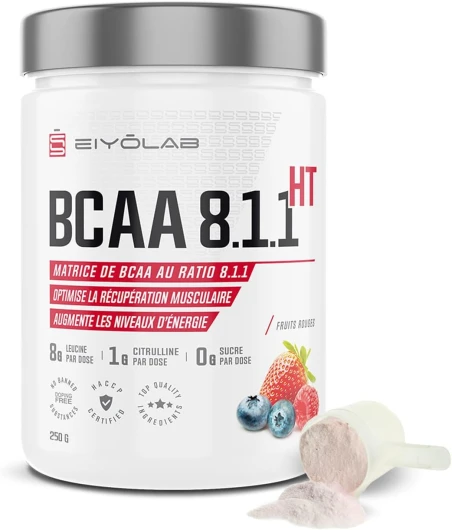 BCAA 8.1.1 - Acides Aminés en Poudre - 8g de Leucine + 1g de Citrulline par Dose - Construction et Récupération Musculaire - Efficace Contre l’Acide Lactique - Fruits Rouges 250g Sans Sucre - Eiyolab Fruits Rouges 8 Portions (Lot de 1)