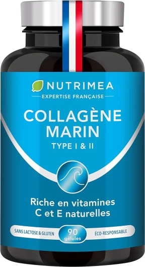 COLLAGENE MARIN - Type 1 & 2 BREVETÉ Pur et Naturel - Vitamines A, C & E Végétales - Nutrimea - Hydratation de la Peau - Protège Os et Articulations - 900 mg - 90 Gélules - Fabriqué en France