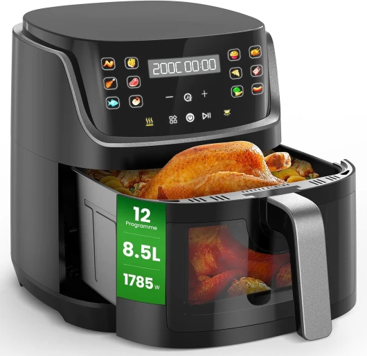 Air Fryer XXL 8,5L avec Écran Tactile LED, 12 Fonctions, Friteuse Sans Huile avec Fenêtre, Lavable au Lave-Vaisselle, 1785W Friteuse Air Fryer- ESSENTIAL PRO