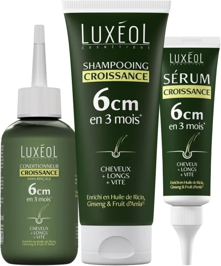 LUXEOL - Protocole Croissance - Shampoing + Sérum + Conditionneur - 6cm en 3 Mois(1) - Cliniquement Prouvé - Formules d'Origine Naturelle - Huile de Ricin, Amla & Ginseng(5) - 200 ml, 150 ml et 50 ml Pack Croissance