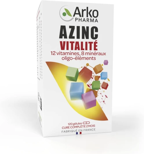 Azinc® Vitalité - Réduit la fatigue due au surmenage, soutient les performances intellectuelles, dès 15 ans - 120 gélules (L'emballage Peut Varier)