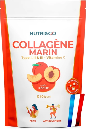 NUTRI & CO Collagène Marin Types 1 2 3 + Vit C - Peau & Articulations - 5500mg de Collagène Hydrolysé Breveté par Portion - Peptides en Poudre Goût Pêche 180g - Fabriqué en France Pêche 30 Portions (Lot de 1)