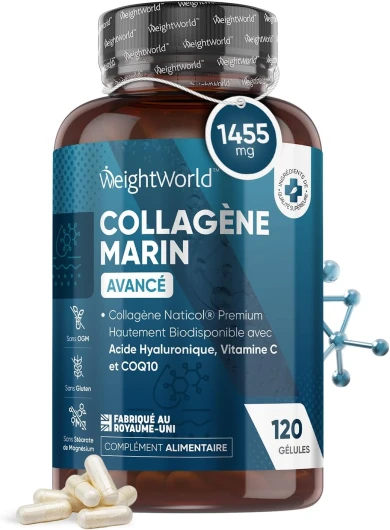 Collagène Marin Acide Hyaluronique,120 Collagene Marin Gélules Avec Vitamine C, Zinc, Coenzyme Q10, Pour Peau, Os, Immunité, Cheveux, Peptides Collagène Hydrolysé Type 1 NatiCol, Fabriqué en UE