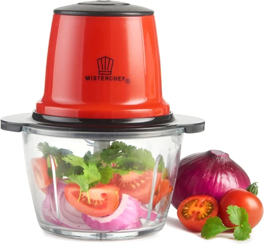 MisterChef Mini Hachoir électrique Rouge 3 lames deux niv - - Éco énerg 200W et Turbo - Bol en verre 1,5L - Garantie 2 ans - Rouge métallique Maroon