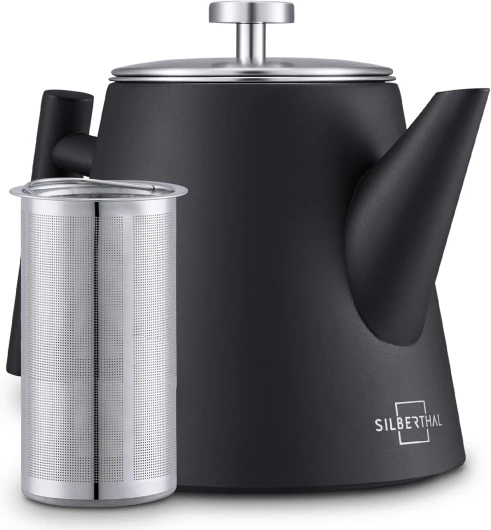 Théière avec Filtre Infuseur Amovible - Inox Double Paroi - 1 Litre - Garde la Chaleur - 6 à 8 Tasses Noir