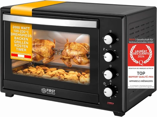 TZS First Austria Mini-four 60 l I 2000 W I Convection + Rôtisserie I 4 éléments chauffants I Plage de température jusqu'à 230 °C I Minuterie 60 min I Inox I Noir