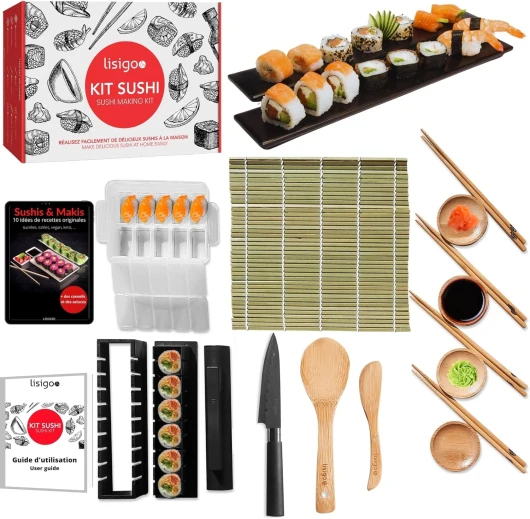 Kit sushi maki complet - Sushi maker - Appareil pour fabrication sushi - Coffret avec natte en bambou, couteau japonais, baguettes, moule à sushi, moule à maki - Idée cadeau homme femme