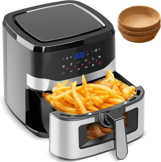 Air Fryer 8,5L, 1785W Friteuse Sans Huile avec Fenêtre Transparente, 9 Modes, Tactile LED, Alternative au Four, Friteuse à Air Chaud avec Papier Cuisson Air Fryer- ESSENTIAL