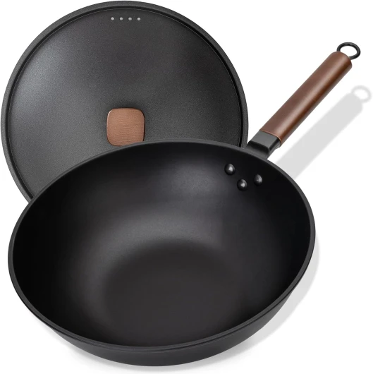 33 cm/5,6L Wok en Acier au Carbone Avec Couvercle en Fer - Sans Revêtement Chimique - Cuisiner des Plats Asiatiques pour 4-6 Personnes - Convient à Induction/Electrique/Gas Noir