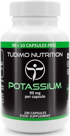 Potassium Complement Alimentaire 99mg - 100 Capsules à Désintégration Rapide, Chacune avec 99 mg Gluconate de Potassium et de Qualité Supérieure en Poudre