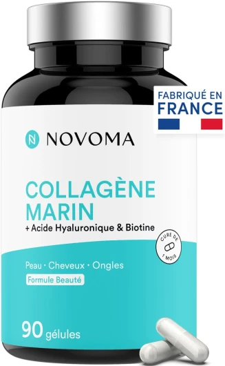 Collagène Marin + Acide Hyaluronique, 1000 mg de Collagene Pur Hydrolysé Type 1 & 3, Avec Vitamine C, Zinc et Biotine, Beauté de la Peau, Cheveux et Ongles, 90 gélules