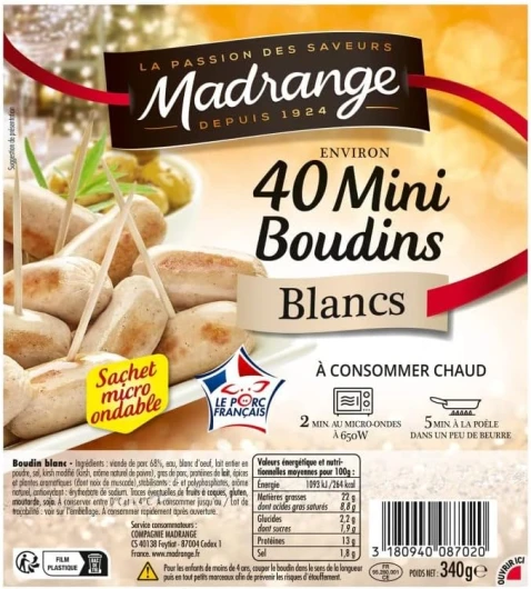 MADRANGE Mini Boudins Blancs 340G - Délicieuses saucisses cocktail pour lapéritif - Idéal pour les gourmands sans contrainte - Lot De 3