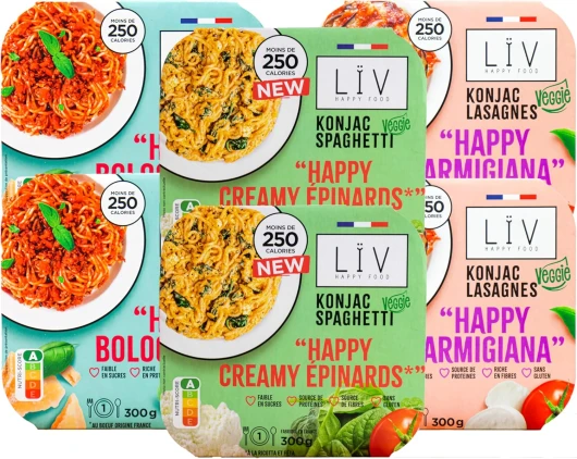 LÏV Happy Food - Assortiments de Plats Cuisinés Individuels - Pâtes sans gluten - Plante Konjac & Farine d'Avoine - Pâte de Konjac - Gluten Free, Faible en calorie - 6x300g Assortiments 300 g (Lot de 6)