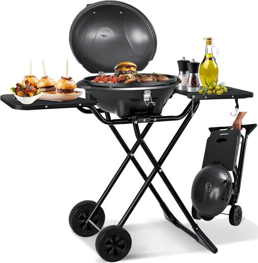 KESSER® Gril électrique - Gril de table 2 en 1 - Barbecue sur gril avec couvercle et pieds - 2400 watts maximum - Pliable - Thermomètre - Revêtement antiadhésif - Plaque pour grillade - noir Schwarz