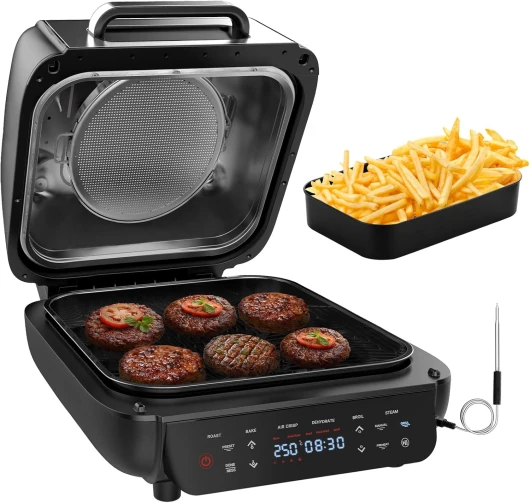 Airfryer et Grills Électriques : 12 en 1 Grill Électrique Sans Fumée XL 6,5L avec Rôtissoire, Grill, Vapeur, Déshydratation Jusqu'à 250°C, 1800W avec Plaques Amovibles, Thermomètre Intelligent