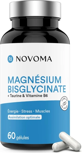 Magnésium Bisglycinate + Taurine & Vitamine B6, Haute Teneur 300mg /j, 60 gélules, Combat la Fatigue et le Stress, Mieux Absorbé que le Magnesium Marin, Fabriqué en France