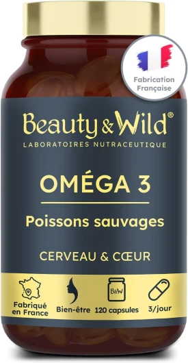 Capsules d'OMÉGA 3-2000mg d’Huile de Poissons Sauvages, Riche en acide aminés EPA/DHA, Santé du Cœur, Cholestérol, Cerveau, Idéal Musculation, Fitness, 120 capsules d'oméga 3 - Beauty&Wild