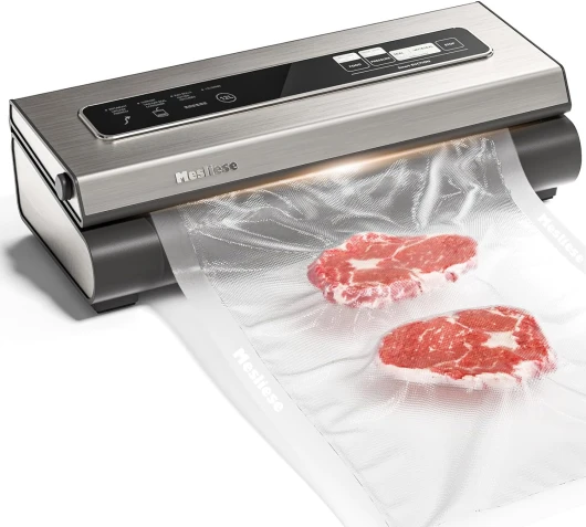 Mesliese Machine Sous Vide Alimentaire 90Kpa Puissant Appareil de Mise Sous Vide, 6-en-1 Compact Machine D'emballage des Aliments, 2 Rouleaux de Sac et 5 Sacs Prédécoupés, Modes Sec et Humide (Argent)