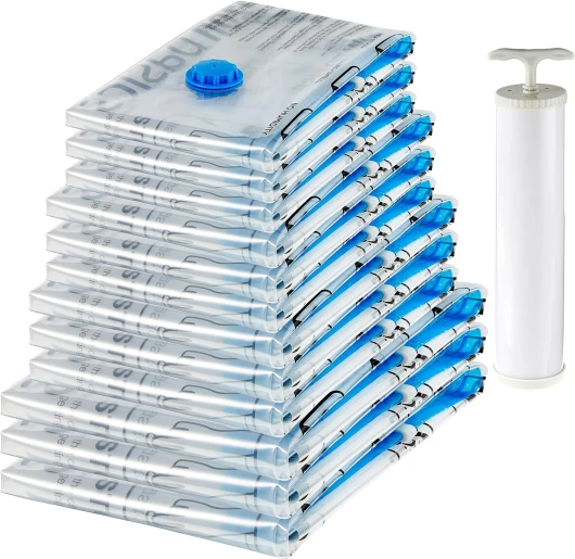 De rangement sous vide avec pompe manuelle, Lot de 12, (3 jumbo, 3L, 3M, 3S), Fermeture éclair, Multiple, Blanc,bleu