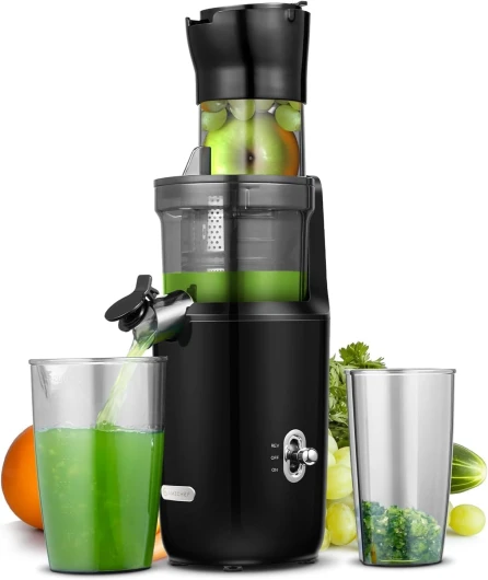 Extracteur De Jus Pour Fruits Entiers 80MM - Centrifugeuse Extracteur De Jus Sans BPA - 200W Extracteur De Jus Froid Avec Tarière Améliorée, Filtre Double Couche, Moteur Silencieux - Noir Bleu