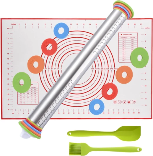 Rouleau à pâtisserie - Rouleau à pâtisserie antiadhésif en acier inoxydable de 17'' avec anneaux d'épaisseur ajustable pour la cuisson de biscuits Chapati Fondant Pâte Pâtisserie Pizza Pie Crust