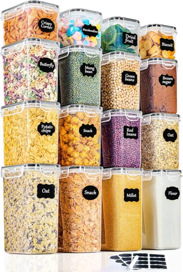 Boite de Rangement Cuisine Lot de 16, Bocaux Hermetiques Alimentaires en Plastique Scellée avec Couvercle, Pour Stocker les Cereales, Pâtes, Farine, Nourriture pour Animaux de Compagnie