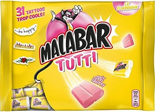 Délice Fruité et Gommeux Malabar Tutti aux Fruits - 214g - Chewing-Gum aux saveurs variées - Confiserie iconique - Idéal pour les pauses gourmandes - Le Lot De 4