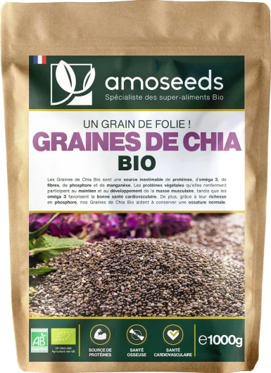 Graines de Chia Bio 1KG - Sources de Protéines, Oméga 3, Fibres - Salvia Hispanica - Qualité Supérieure