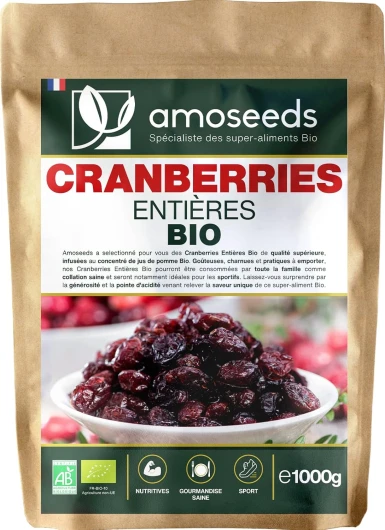 Cranberries Entières Bio 1KG - Sans sucre ajouté, naturellement sucrées au jus de pomme - Qualité Supérieure