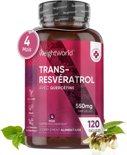 Trans Resveratrol Pur 98% avec Quercétine 550mg Antioxydant Puissant - 120 Gélules Vegan - Source Vitamine C, Resveratrol Polyphenols Renouée du Japon, Forte Concentration - Sans Stéarate Magnésium