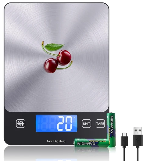 [ Rechargeable & 15kg ] Balance de Cuisine Numérique, Balance Cuisine électronique USB C, Balance Alimentaire de Haute précision 1g / 0,1 OZ, Fonction dure Professionnelle, Batterie incluse