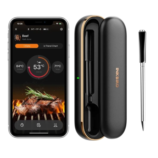 INT-11P Thermomètre à viande Sans Fil, Thermomètre Barbecue Bluetooth 91 m/300 pieds Contrôle App avec Alarmes de Température Intelligentes pour Four Gril Four Cuisine BBQ Fumoir