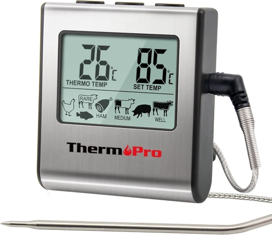 TP16 Thermometre Cuisine pour Viande Numérique avec Large Écran LCD pour Fumoir Four Cuisine Friandises Barbecue Grill avec Minuteur et Sonde de Températures en Acier Inoxydable