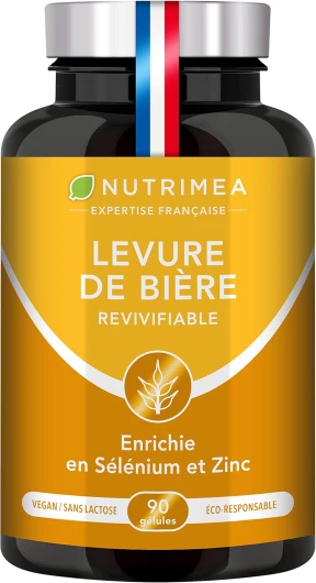 LEVURE Active DE BIERE REVIVIFIABLE - Complément Alimentaire Cheveux, Ongles & Peau - Enrichie en Zinc & Sélénium - Facilite le Transit - 90 Gélules Vegan - Nutrimea - Fabriqué en France