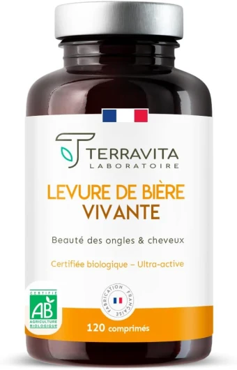 LEVURE DE BIÈRE Active BIO - Naturellement Riche en Biotine, Vitamines et Minéraux - Pousse des Cheveux, Ongles Forts et Peau Lisse - Sans Nano Ingrédient - 120 Comprimés - Made in France - Terravita