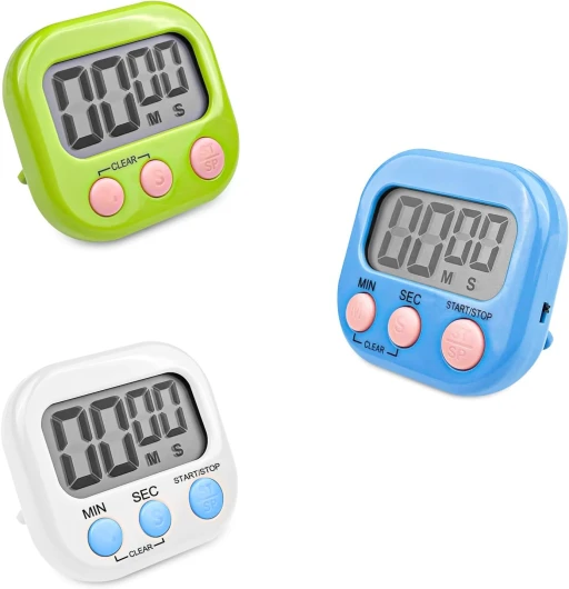 Fousenuk 3 Pièces Minuteur de Cuisine Magnétique avec 3 Couleurs, Chronometre avec Grand Écran LCD, Chronomètre et Alarme Digital, Timer Enfant, Compte à Rebours pour Kitchen Cuisson Douche Sport